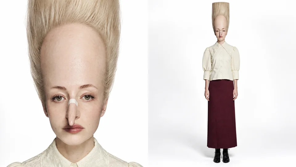 VANTA C01 AI-generated character sheet: High blonde hair, ivory blouse and burgundy skirt. Portrait and full-length reference.