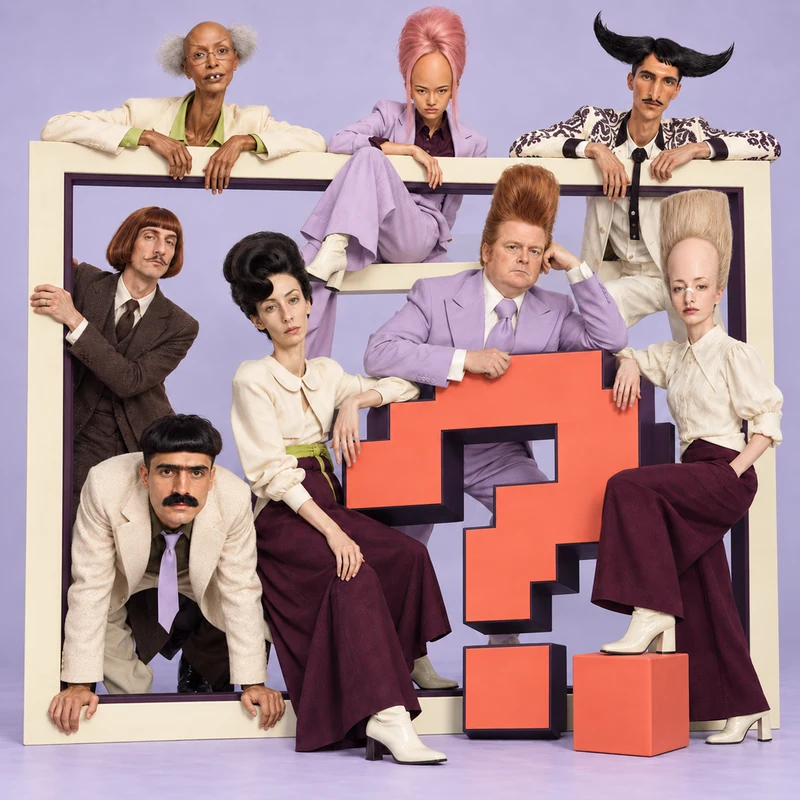 Eight VANTA AI characters with a coral pixel question mark in a lavender campaign set